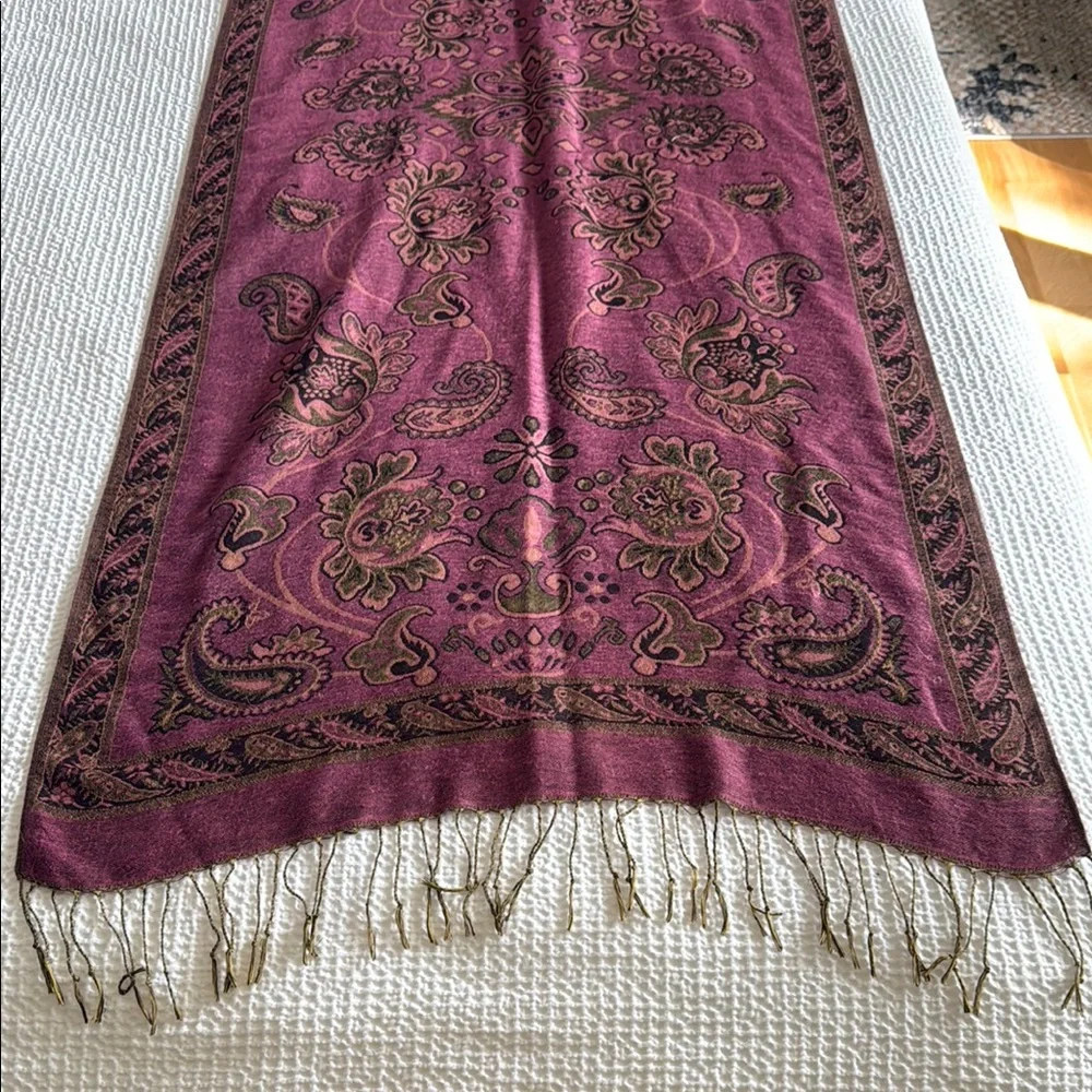 Purple Floral Paisley Embroidered Scarf with Fringe